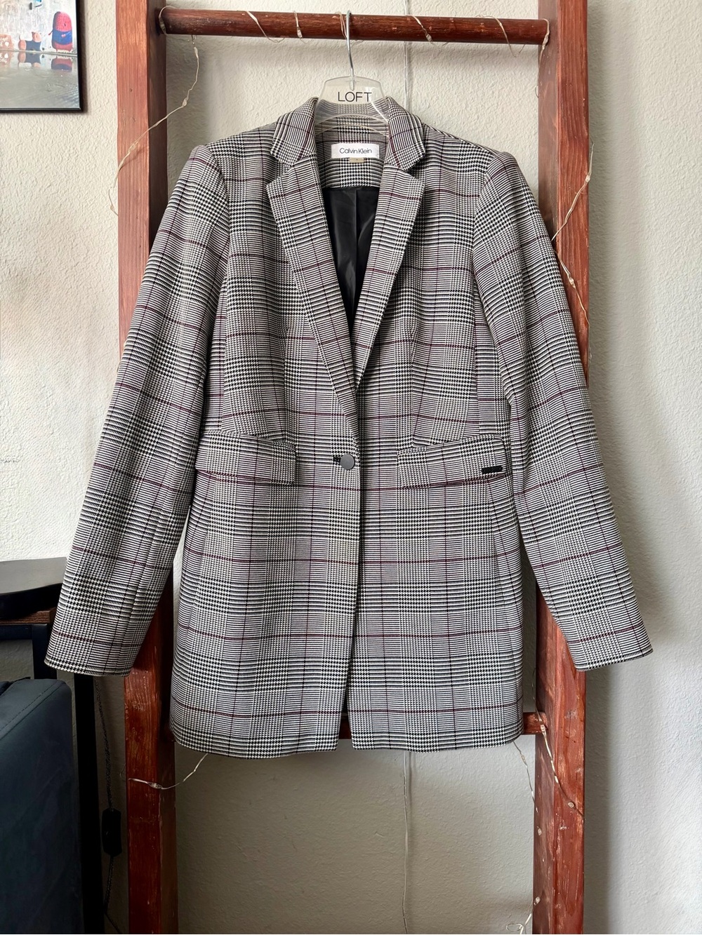 CALVIN KLEIN - Women's Gray Plaid Single-Button Blazer